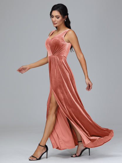 V Neck A Line Velvet Bridesmaid Dress With Slit