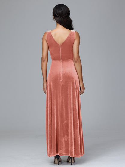 V Neck A Line Velvet Bridesmaid Dress With Slit