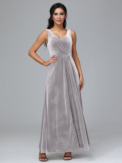 V Neck A Line Velvet Bridesmaid Dress With Slit