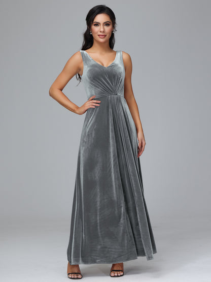 V Neck A Line Velvet Bridesmaid Dress With Slit