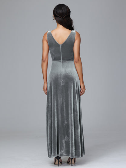 V Neck A Line Velvet Bridesmaid Dress With Slit