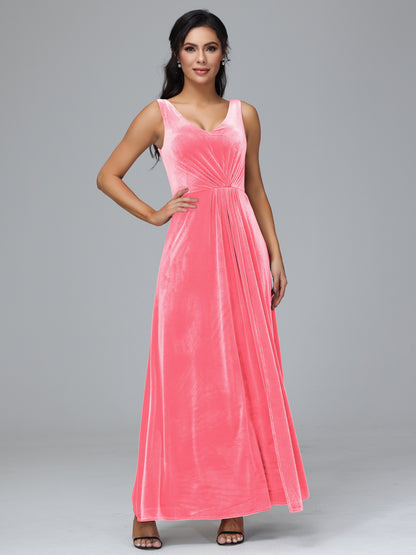 V Neck A Line Velvet Bridesmaid Dress With Slit