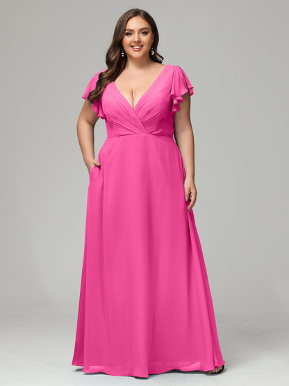 V Neck Chiffon Plus Size Long Bridesmaid Dresses with Sleeves