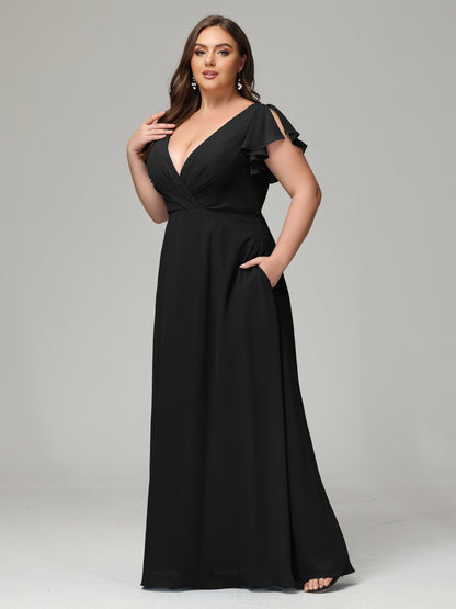 V Neck Chiffon Plus Size Long Bridesmaid Dresses with Sleeves