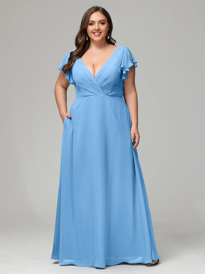 V Neck Chiffon Plus Size Long Bridesmaid Dresses with Sleeves