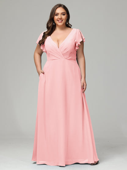 V Neck Chiffon Plus Size Long Bridesmaid Dresses with Sleeves