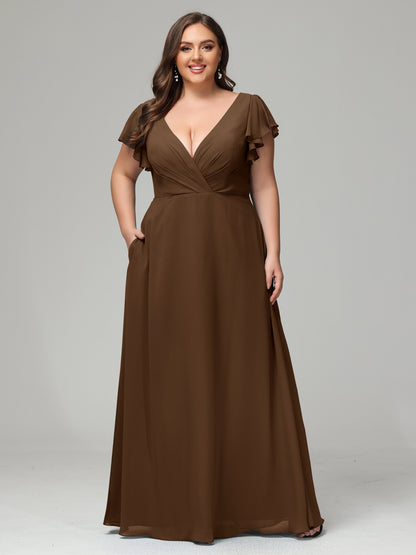 V Neck Chiffon Plus Size Long Bridesmaid Dresses with Sleeves