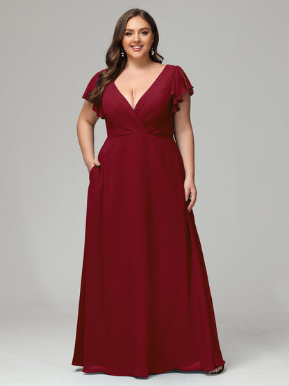V Neck Chiffon Plus Size Long Bridesmaid Dresses with Sleeves