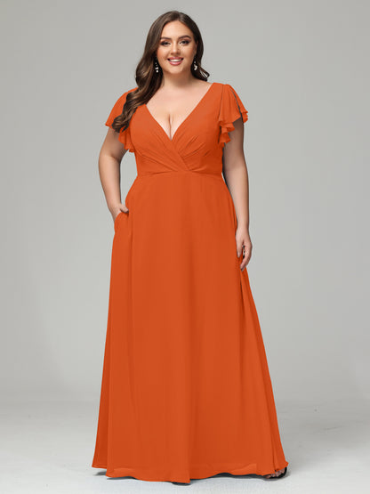 V Neck Chiffon Plus Size Long Bridesmaid Dresses with Sleeves