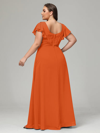 V Neck Chiffon Plus Size Long Bridesmaid Dresses with Sleeves