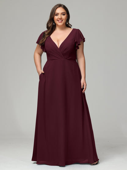 V Neck Chiffon Plus Size Long Bridesmaid Dresses with Sleeves