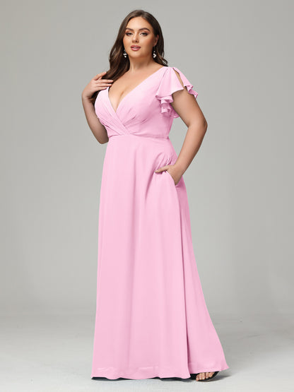 V Neck Chiffon Plus Size Long Bridesmaid Dresses with Sleeves