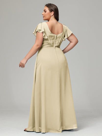 V Neck Chiffon Plus Size Long Bridesmaid Dresses with Sleeves