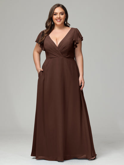V Neck Chiffon Plus Size Long Bridesmaid Dresses with Sleeves