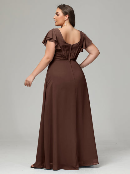 V Neck Chiffon Plus Size Long Bridesmaid Dresses with Sleeves