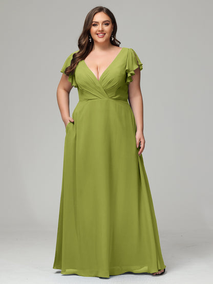 V Neck Chiffon Plus Size Long Bridesmaid Dresses with Sleeves