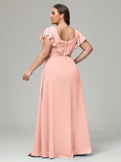 V Neck Chiffon Plus Size Long Bridesmaid Dresses with Sleeves