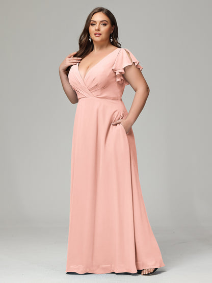 V Neck Chiffon Plus Size Long Bridesmaid Dresses with Sleeves