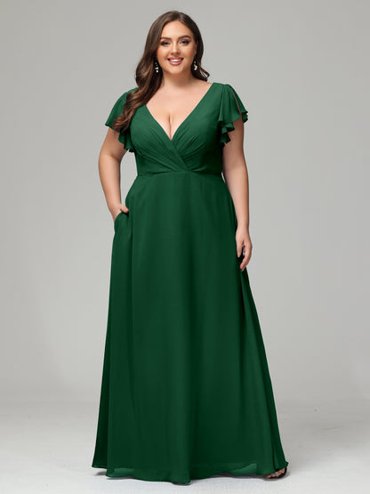 V Neck Chiffon Plus Size Long Bridesmaid Dresses with Sleeves