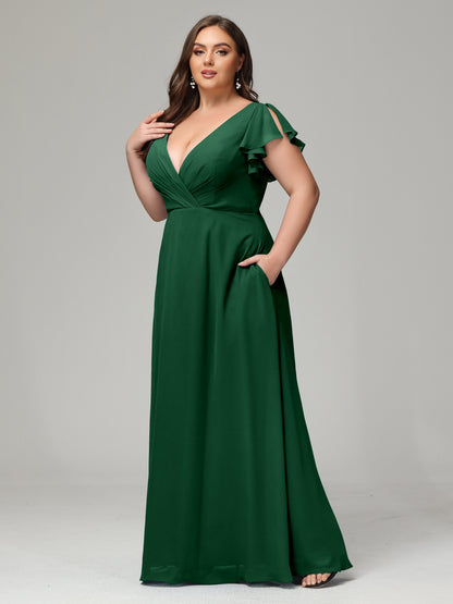 V Neck Chiffon Plus Size Long Bridesmaid Dresses with Sleeves
