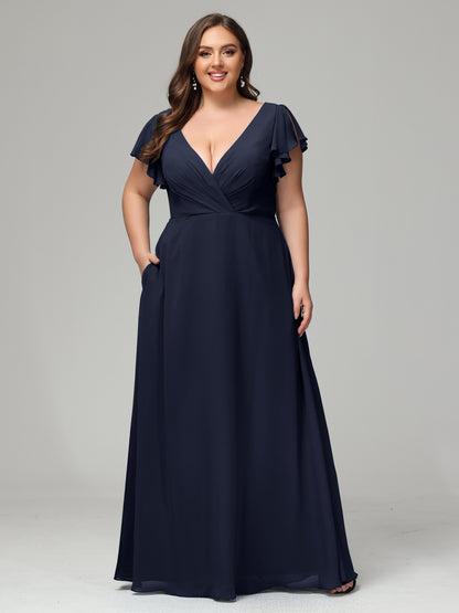 V Neck Chiffon Plus Size Long Bridesmaid Dresses with Sleeves