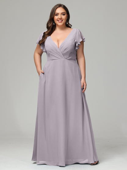 V Neck Chiffon Plus Size Long Bridesmaid Dresses with Sleeves