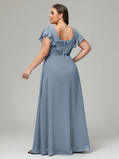 V Neck Chiffon Plus Size Long Bridesmaid Dresses with Sleeves