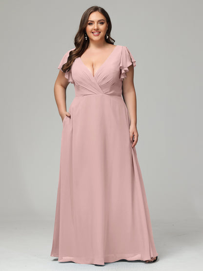 V Neck Chiffon Plus Size Long Bridesmaid Dresses with Sleeves