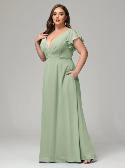 V Neck Chiffon Plus Size Long Bridesmaid Dresses with Sleeves