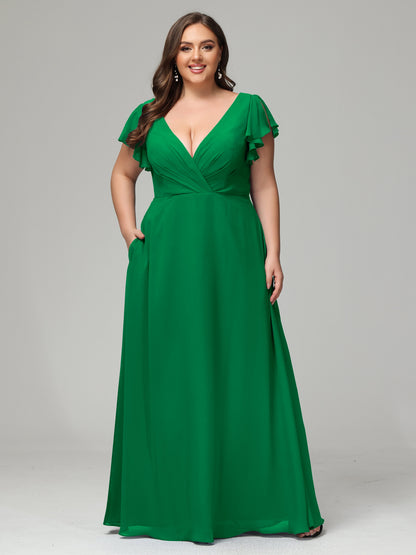 V Neck Chiffon Plus Size Long Bridesmaid Dresses with Sleeves