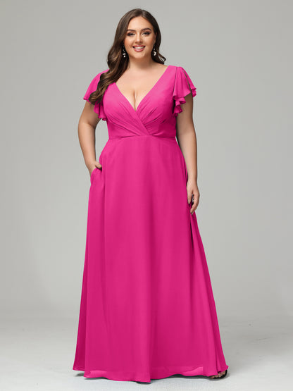 V Neck Chiffon Plus Size Long Bridesmaid Dresses with Sleeves