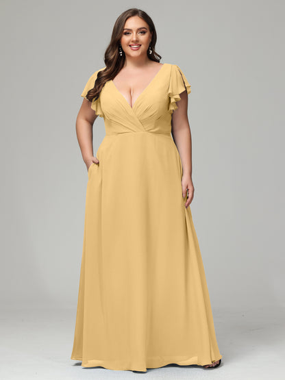V Neck Chiffon Plus Size Long Bridesmaid Dresses with Sleeves