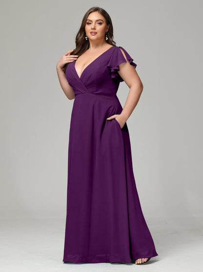 V Neck Chiffon Plus Size Long Bridesmaid Dresses with Sleeves