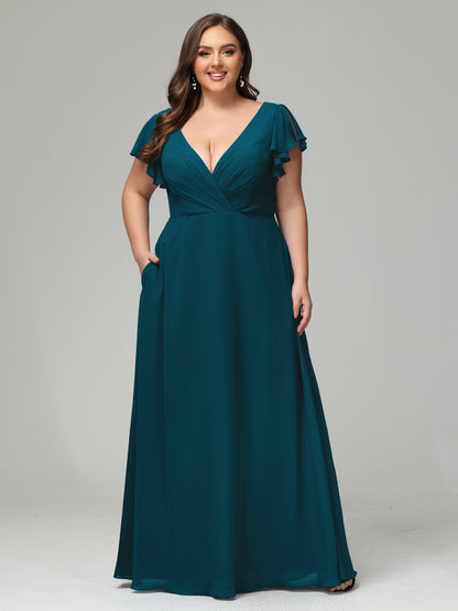 V Neck Chiffon Plus Size Long Bridesmaid Dresses with Sleeves