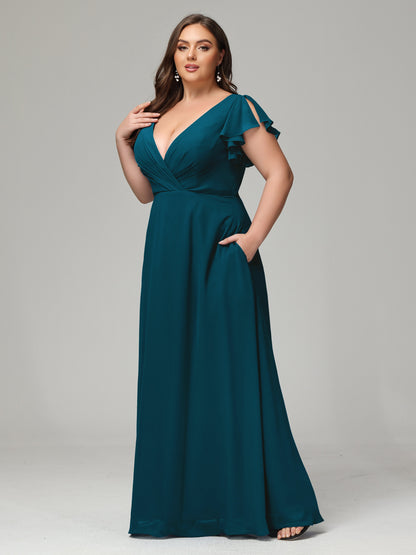 V Neck Chiffon Plus Size Long Bridesmaid Dresses with Sleeves