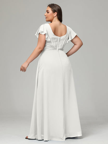 V Neck Chiffon Plus Size Long Bridesmaid Dresses with Sleeves