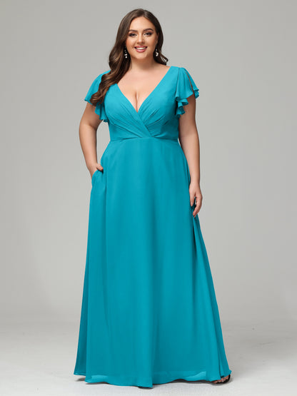 V Neck Chiffon Plus Size Long Bridesmaid Dresses with Sleeves
