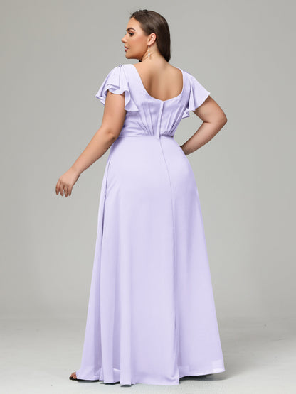 V Neck Chiffon Plus Size Long Bridesmaid Dresses with Sleeves