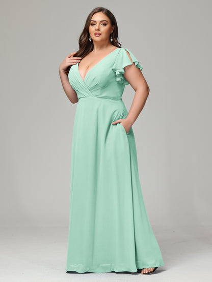 V Neck Chiffon Plus Size Long Bridesmaid Dresses with Sleeves