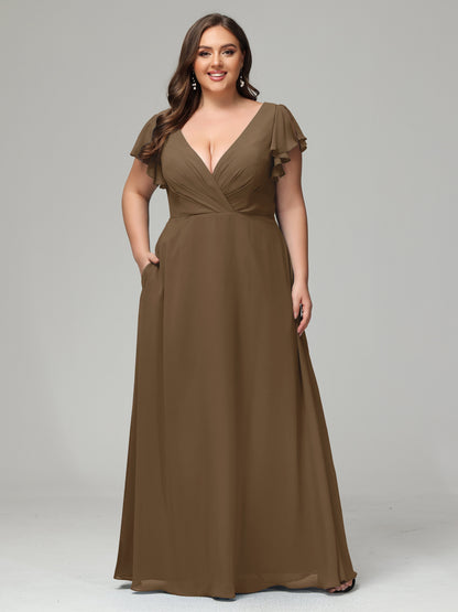 V Neck Chiffon Plus Size Long Bridesmaid Dresses with Sleeves