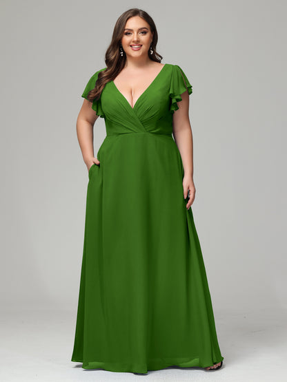 V Neck Chiffon Plus Size Long Bridesmaid Dresses with Sleeves