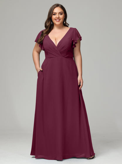 V Neck Chiffon Plus Size Long Bridesmaid Dresses with Sleeves