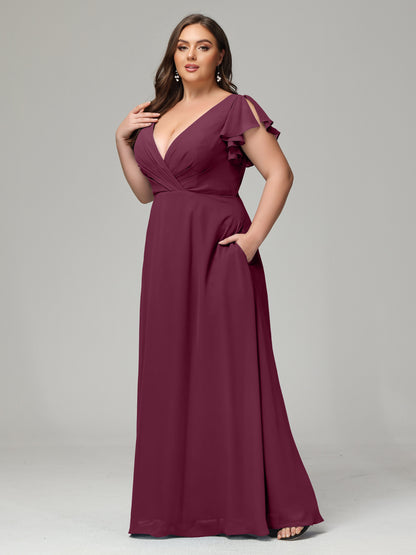 V Neck Chiffon Plus Size Long Bridesmaid Dresses with Sleeves