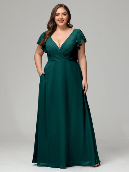 V Neck Chiffon Plus Size Long Bridesmaid Dresses with Sleeves