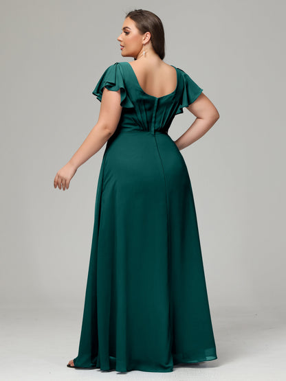V Neck Chiffon Plus Size Long Bridesmaid Dresses with Sleeves