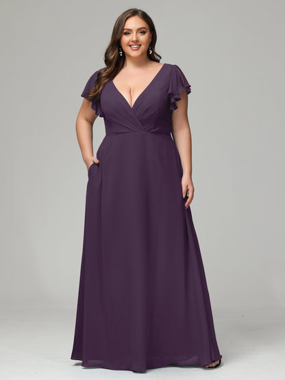 V Neck Chiffon Plus Size Long Bridesmaid Dresses with Sleeves