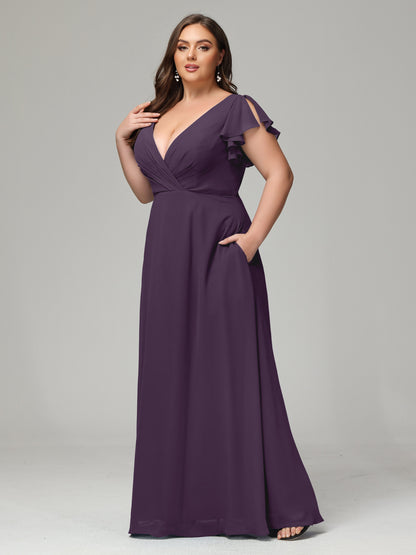 V Neck Chiffon Plus Size Long Bridesmaid Dresses with Sleeves