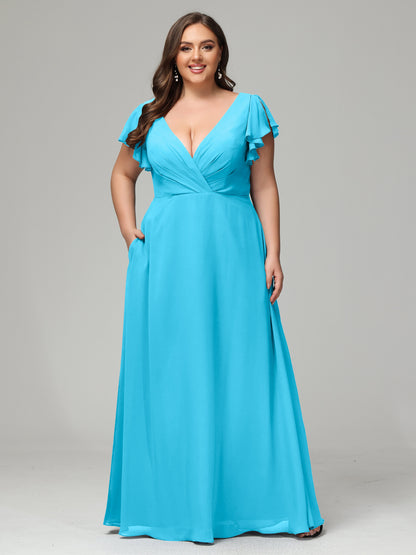 V Neck Chiffon Plus Size Long Bridesmaid Dresses with Sleeves