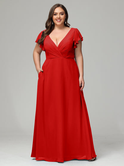 V Neck Chiffon Plus Size Long Bridesmaid Dresses with Sleeves