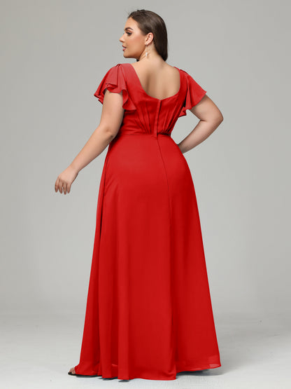 V Neck Chiffon Plus Size Long Bridesmaid Dresses with Sleeves